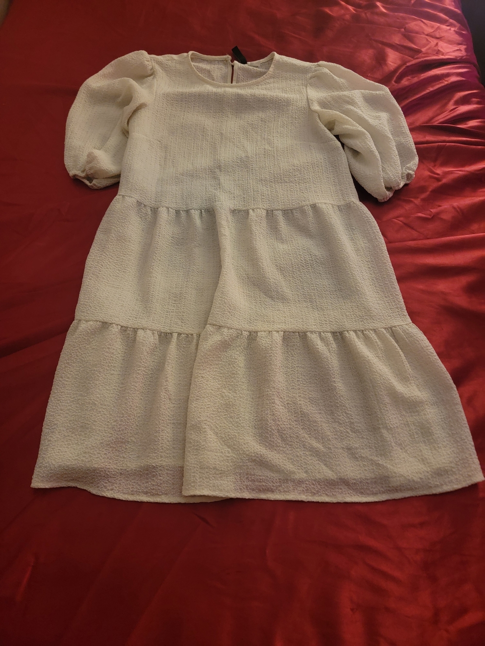 Divided Ivory Textured Tiered Mini Dress with Puff Sleeves